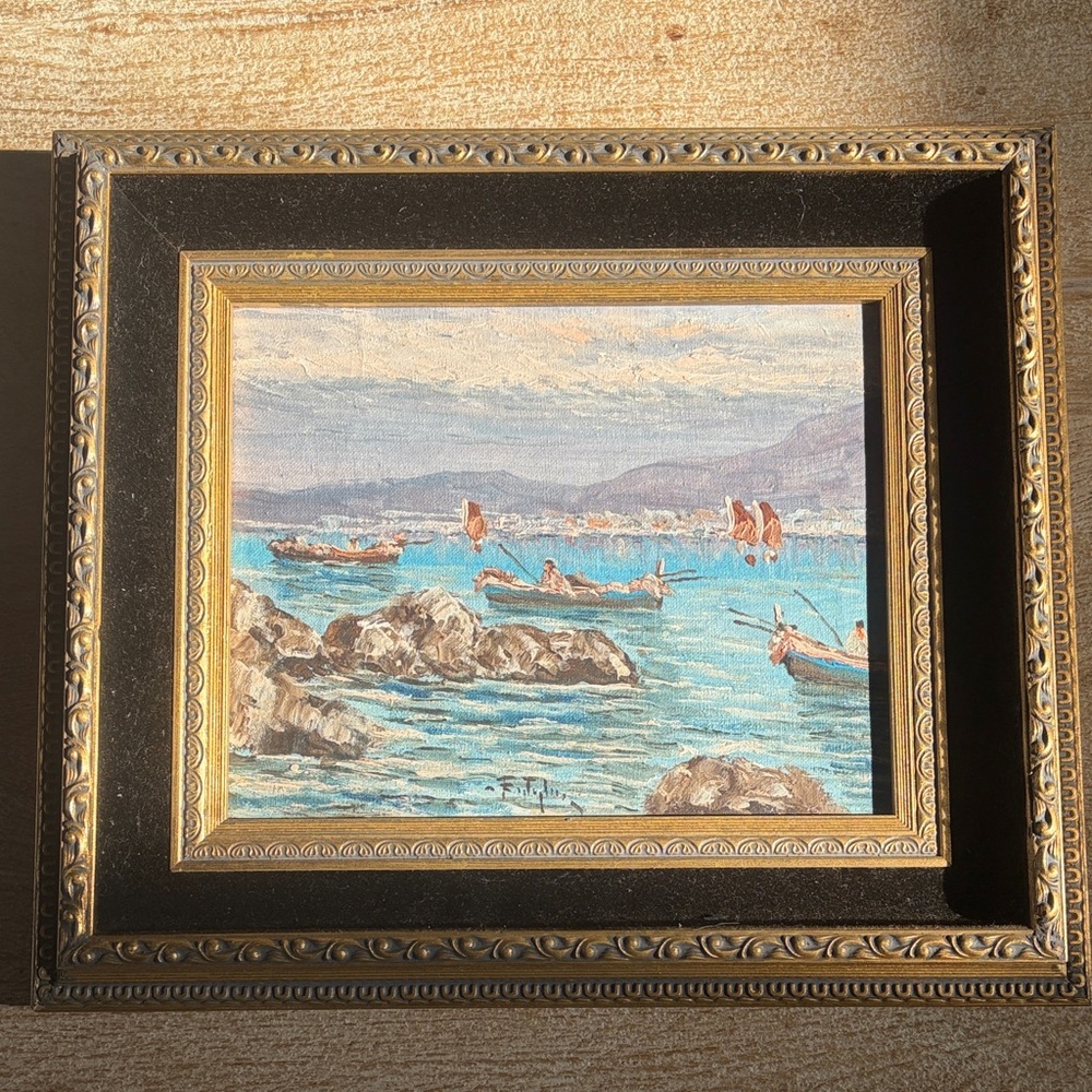 Vintage Framed Coastal oil painting Art with Gold Frame